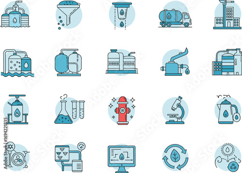 Water treatment icons, laboratory equipment, recycling, clean water, filtration process, test tubes, hydrant, microscope