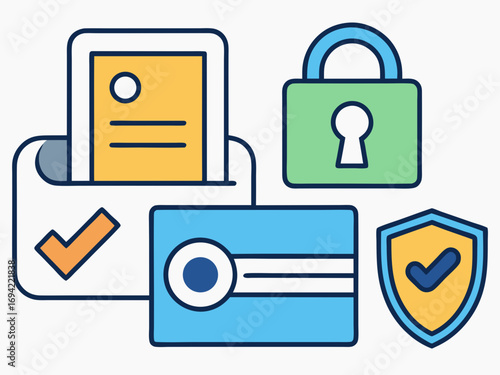 Digital security and privacy icons representing secure documents a locked padlock credit card protection and a verified shield emblem