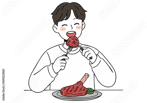 A young Asian man enjoys a juicy steak, expressing pure joy.  Clean, modern illustration style.  Focus on the delicious moment.