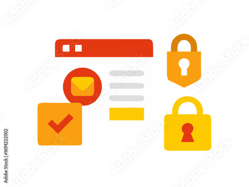 Digital security concept with email icon checkmark and two padlocks representing data protection and secure communication channels