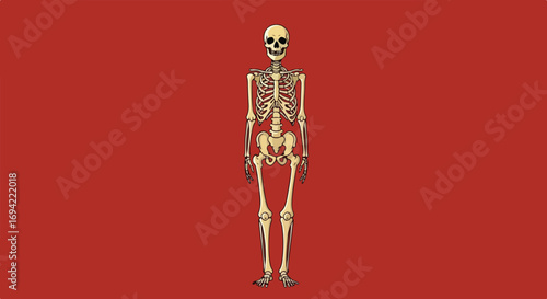 Anatomical illustration of a human skeleton standing erect against a brick red background showing bone structure and form for educational purposes