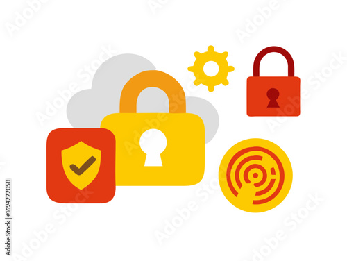 Digital security concept with multiple locks cloud icon gear symbol shield with checkmark and target illustration on black background