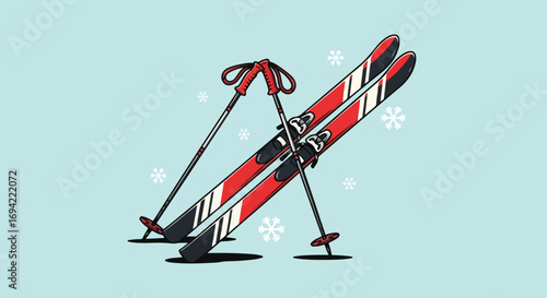 Stylized alpine skis and poles, a minimalist illustration showcasing winter sport equipment on a subtle blue background offering a crisp, clean