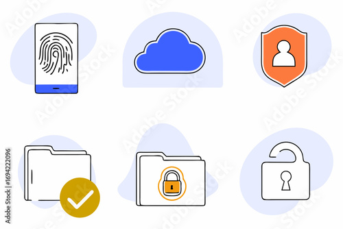 Digital security icons including fingerprint scan on phone cloud storage personal data protection folder access and unlocked padlock