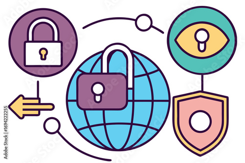 Global network security concept with interconnected icons representing data protection surveillance and access control systems