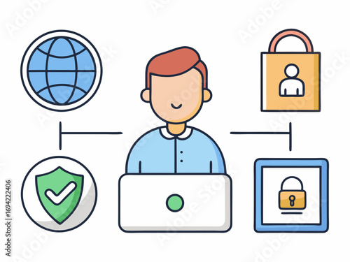 Person using a laptop connected to global network security and data protection icons representing online safety and privacy