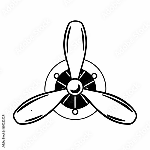 Retro three bladed airplane propeller icon in black and white with a white background symbolizing aviation and vintage flight