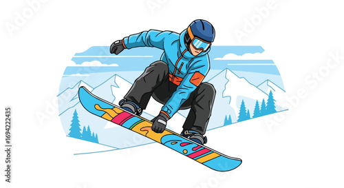 Dynamic snowboarder illustration performing aerial maneuver against a snowy mountain backdrop