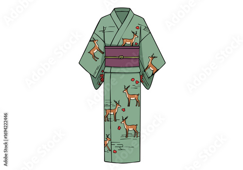A festive kimono illustration featuring deer motifs.  Elegant design, suitable for seasonal themes, festivals, and Japanese culture. Clean, modern style.