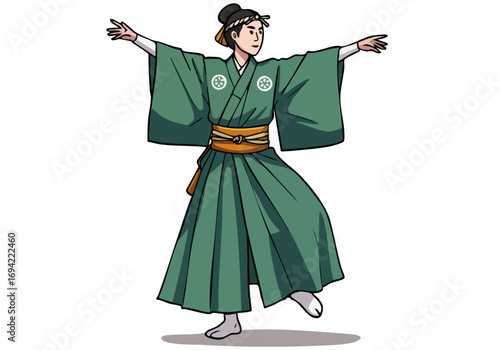 graceful Japanese dancer in a traditional kimono performs a rice dance The image showcases elegance and cultural heritage with a serene expression and dynamic pose