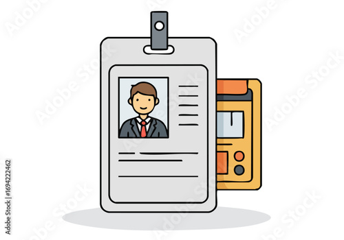 flat design illustration showcases a badge with travel access details It features a  figure and a cardholder conveying professional authorization Modern clean