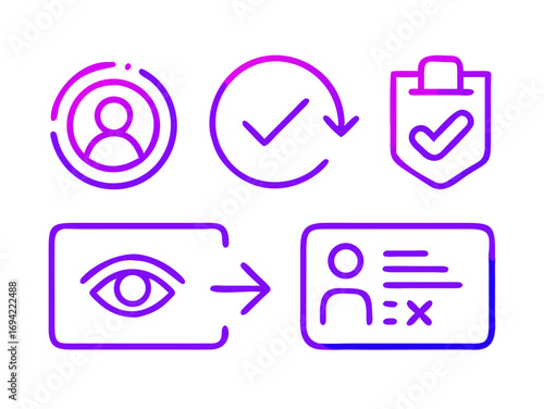 Set of modern gradient neon line icons representing user profile verification identity check and confirmation process on a black background