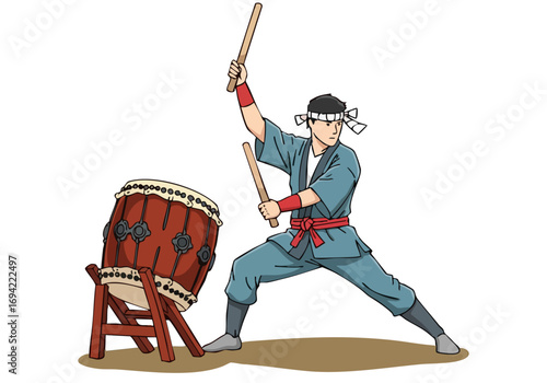 Japanese man performs Taiko drumming during a festival He wears traditional attire and focuses intently on the drum Vibrant colors and dynamic pose create a captivating image