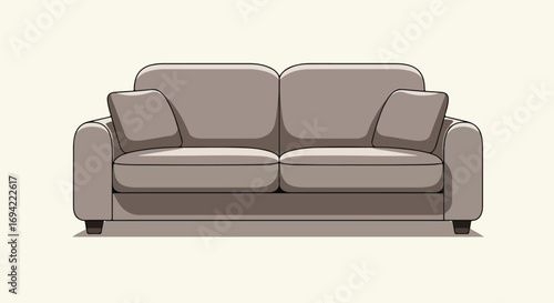 Illustration of a comfortable-looking light gray sofa, providing a minimalist and modern seating option for home decor, a two-seater sofa design