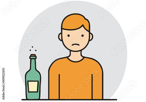 A young man looks regretful next to a bottle of wine. Simple, graphic illustration promoting 'No Drink Safety'. Clean, modern design.