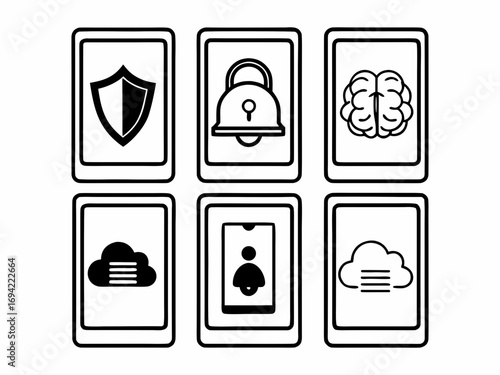 Six simple black and white icons representing security privacy intelligence and cloud services displayed on digital devices