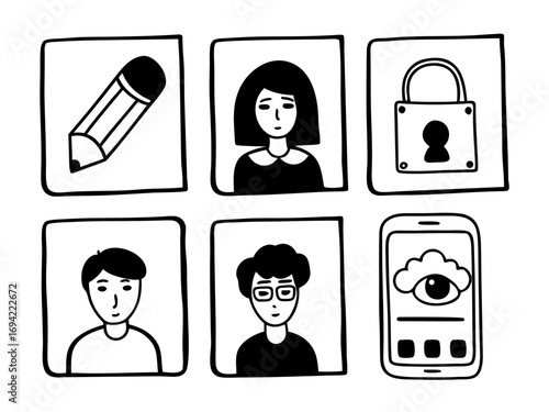 Simple hand drawn icons representing people writing security and technology in a grid layout