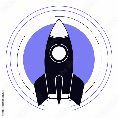 Sleek black rocket ship launching upwards on a vibrant purple background with circular motion lines symbolizing speed and progress