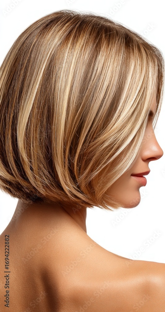 Fototapeta premium Close-up profile view of a woman with short, highlighted blonde hair