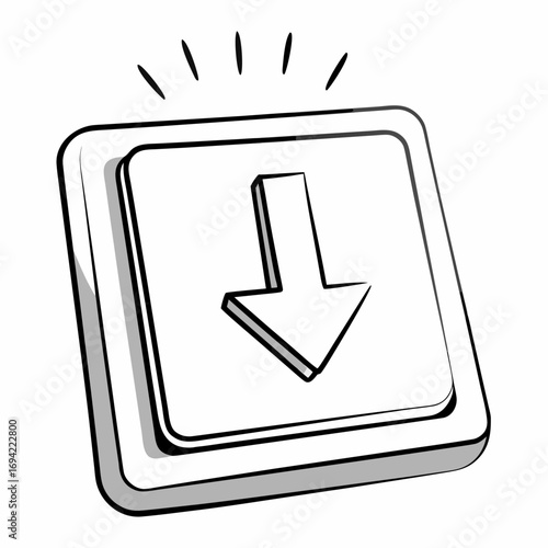 Stylized hand drawn black and white download button with a downward pointing arrow and radiating lines indicating activation