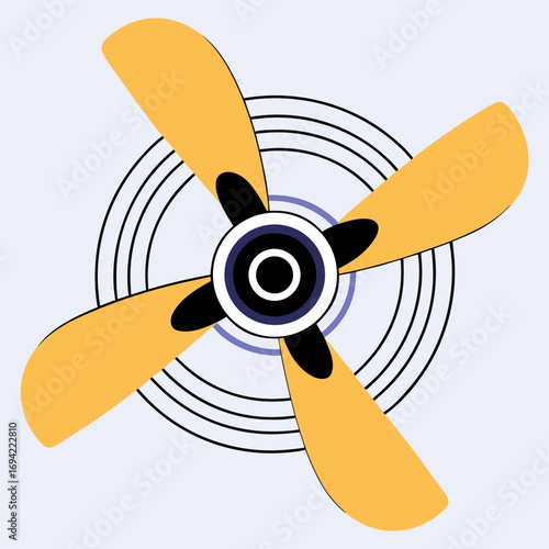 Stylized illustration of a four bladed propeller with yellow blades and a black hub against a light blue background