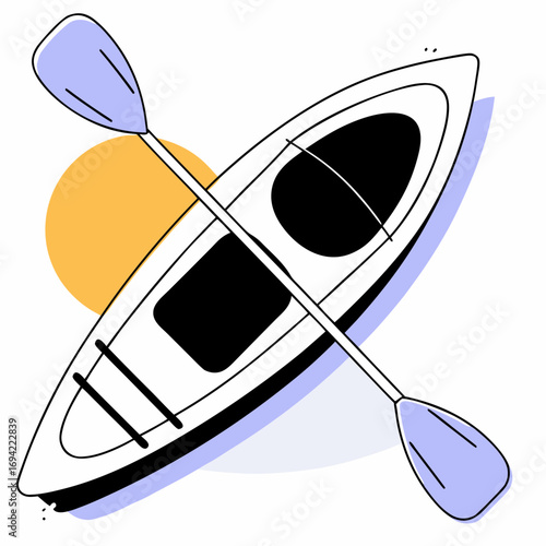 Stylized illustration of a white kayak with a black cockpit and a light purple paddle on a white background with abstract yellow and blue shapes