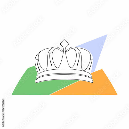 Stylized outline of a royal crown resting on abstract geometric shapes in green orange and blue colors