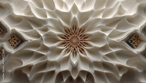 Intricate, symmetrical, 3D floral pattern.  Beige, cream, and gold