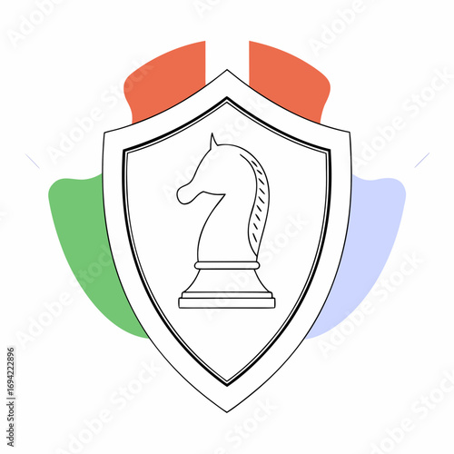 Symbolic shield with a chess knight inside representing strategy security protection defense and strategic planning