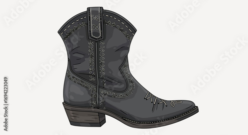 Artistic rendering of a decorative cowboy boot against a plain background featuring intricate design elements enhancing visual appeal