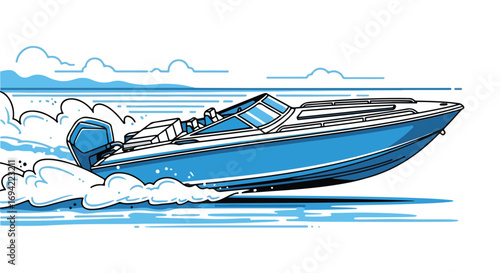 Stylized depiction of a speedboat cruising through water leaving a wake, showcasing nautical adventure and leisure, with a clear horizon line