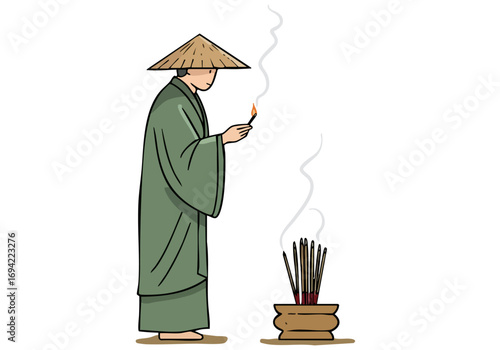 A serene monk performs an incense offering, radiating a gentle glow. Minimalist design, calming atmosphere, perfect for wellness and spirituality themes.
