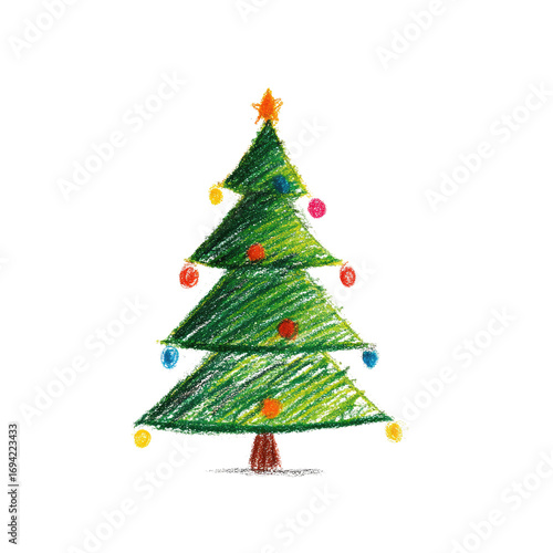 Colorful Crayon Drawing of a Christmas Tree with Bright Ornaments and Star