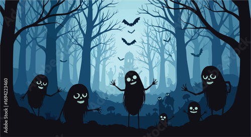 Enigmatic Halloween Night: Spooky Silhouettes of friendly Ghosts and flying Bats in a haunted Forest Illustration