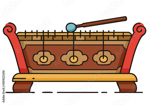 A stylized illustration of a Gamelan instrument with a mallet. Clean lines and a flat design create a modern icon. Suitable for sound effects or musical themes.