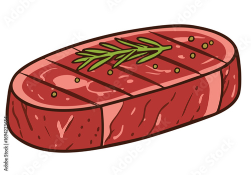 Stylized illustration of a juicy steak with rosemary, presented in a modern, flat design. Perfect for food branding and culinary visuals. Clean, vibrant, and appealing.
