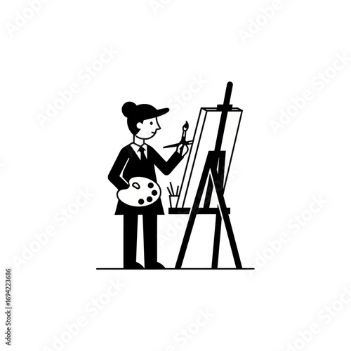 Woman artist painting at easel with palette.