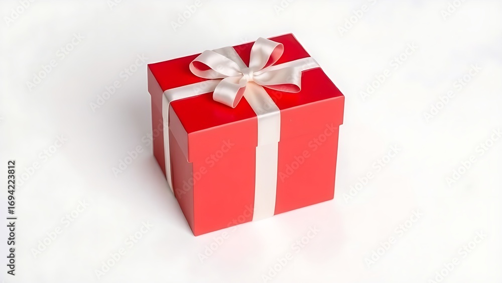 Obraz premium Red gift box with white ribbon and bow, centered product shot on clean background.