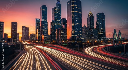 City skyline with light trails from traffic at dusk