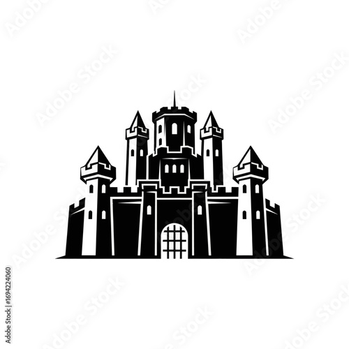 Black and white castle illustration.