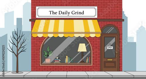Charming cartoon storefront illustration of a coffee shop in an urban setting with vibrant colors and meticulous details