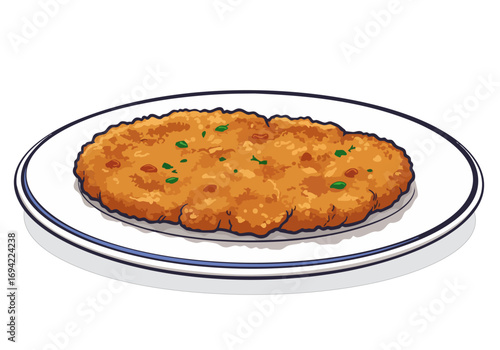 A stylized illustration of 'Veal Au Icon' served on a white plate.  Bold, graphic design with a modern, appetizing feel. Perfect for food marketing.