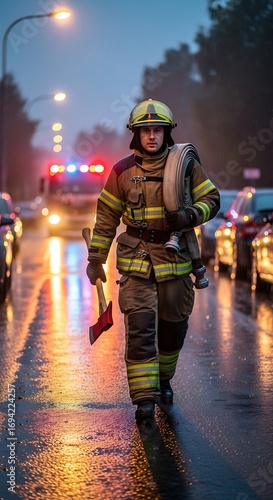 A determined firefighter walks a wet street, carrying a fire hose and axe, in the evening light.