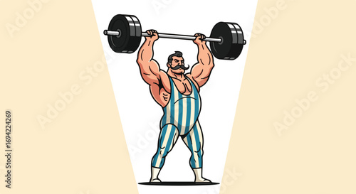 Cartoon style strongman performing weightlifting, classic circus character raising a barbell overhead with strength and retro aesthetic showcasing