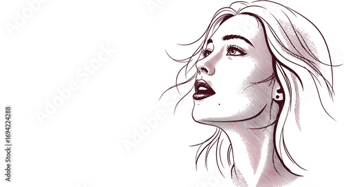 Charming woman portrait isolated on white background, looking up with a thoughtful expression, highlighting her flowing hair and refined features in a simple design