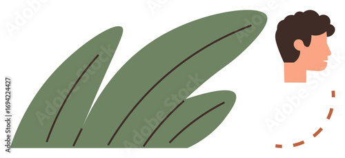Human head facing away on dotted lines, green leaves creating contrast. Ideal for nature, mindfulness, separation, identity, environmental themes, growth self-introspection. Simple flat metaphor