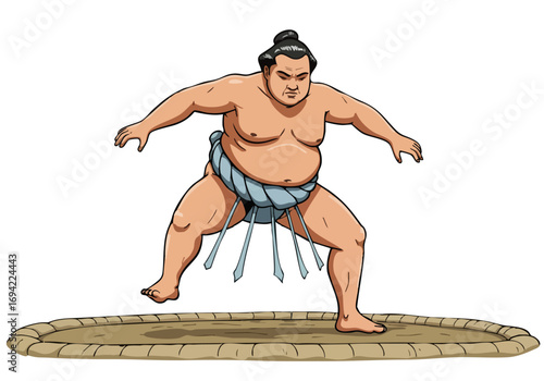 A Sumo wrestler performs the 'Salt Stomp Ritual' in a ring. Bold illustration style, vibrant colors, and dynamic pose. Great for marketing and promotional use.