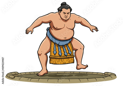 A Sumo wrestler performs the Salt Stomp Ritual, showcasing his muscular physique and traditional attire. Bold colors and a circular mat create a dynamic composition.