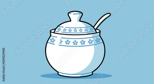 Elegant vintage porcelain sugar bowl with floral pattern and small spoon on light blue background evokes a serene and traditional aesthetic