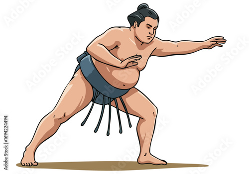 A sumo wrestler practices power stance. Bold illustration style, vibrant colors, dynamic composition. Perfect for fitness, strength, or sports themes.